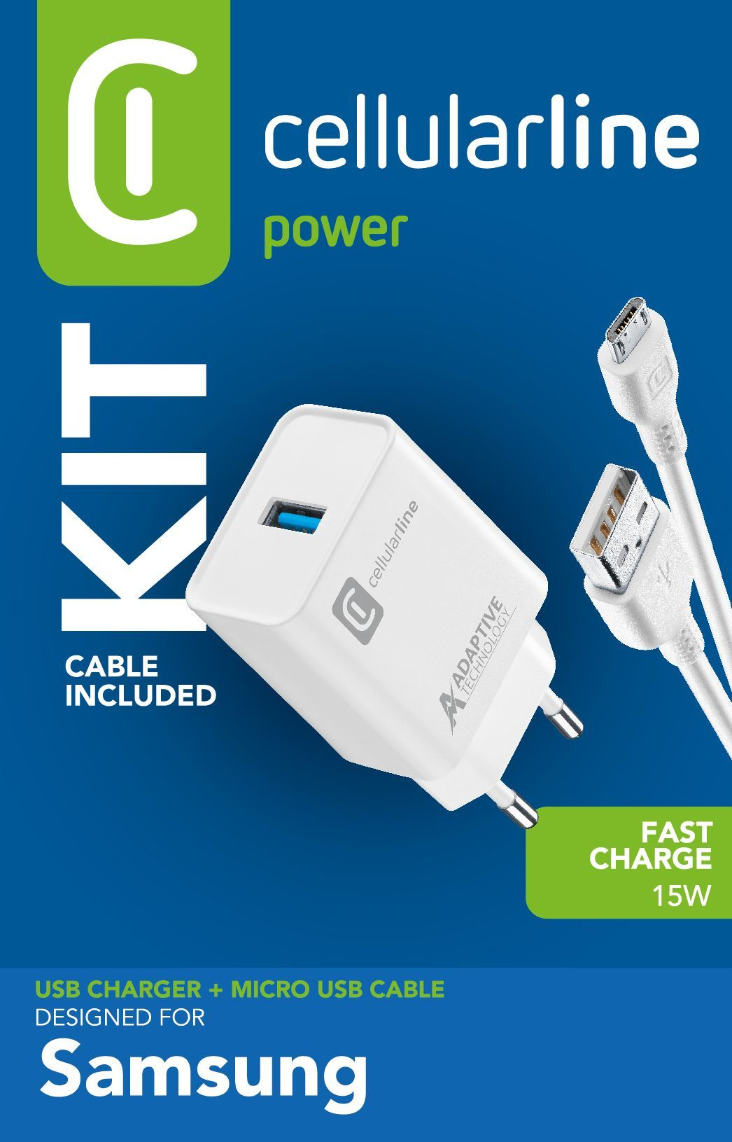 Cellularline Adaptive Fast Charger Kit 15W - Micro USB - Samsung Caricabatterie da rete Fast Charger 15W con cavo Micro USB