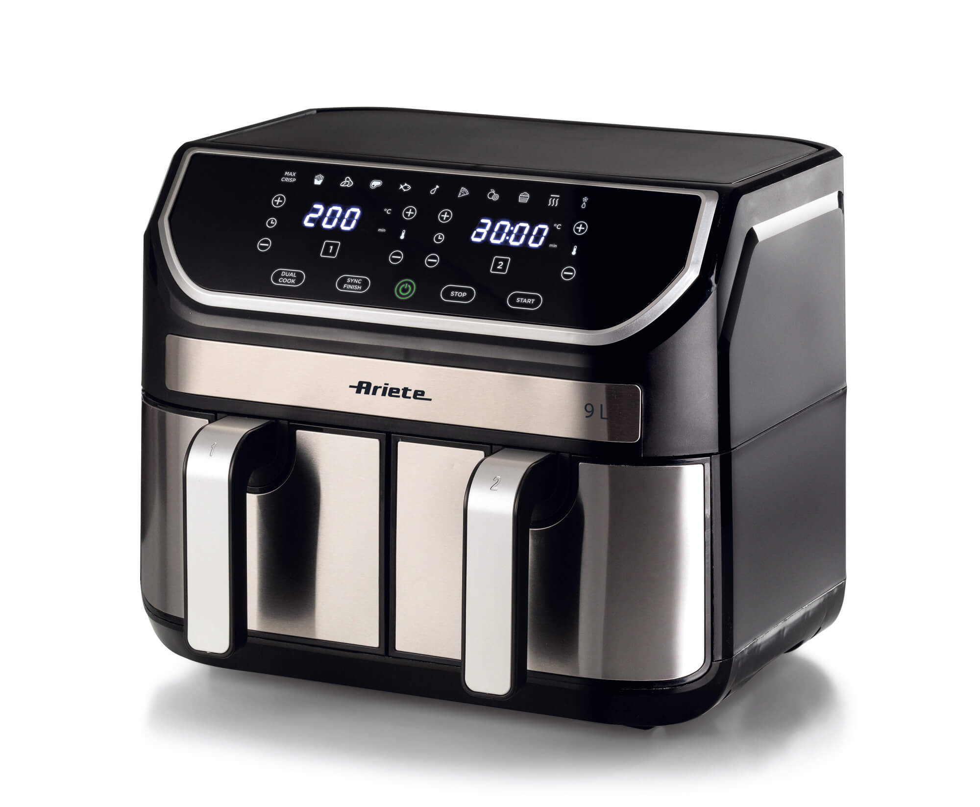 Ariete 4625 Friggitrice ad aria 9L, 2100W, Capacità 9L, Doppio cestello, Capacità di cottura 3,6kg, 11 programmi preimpostati, Funzione Max Crisp, Temperatura fino a 200°C, Cestello antiaderente con griglia, Nero/Silver