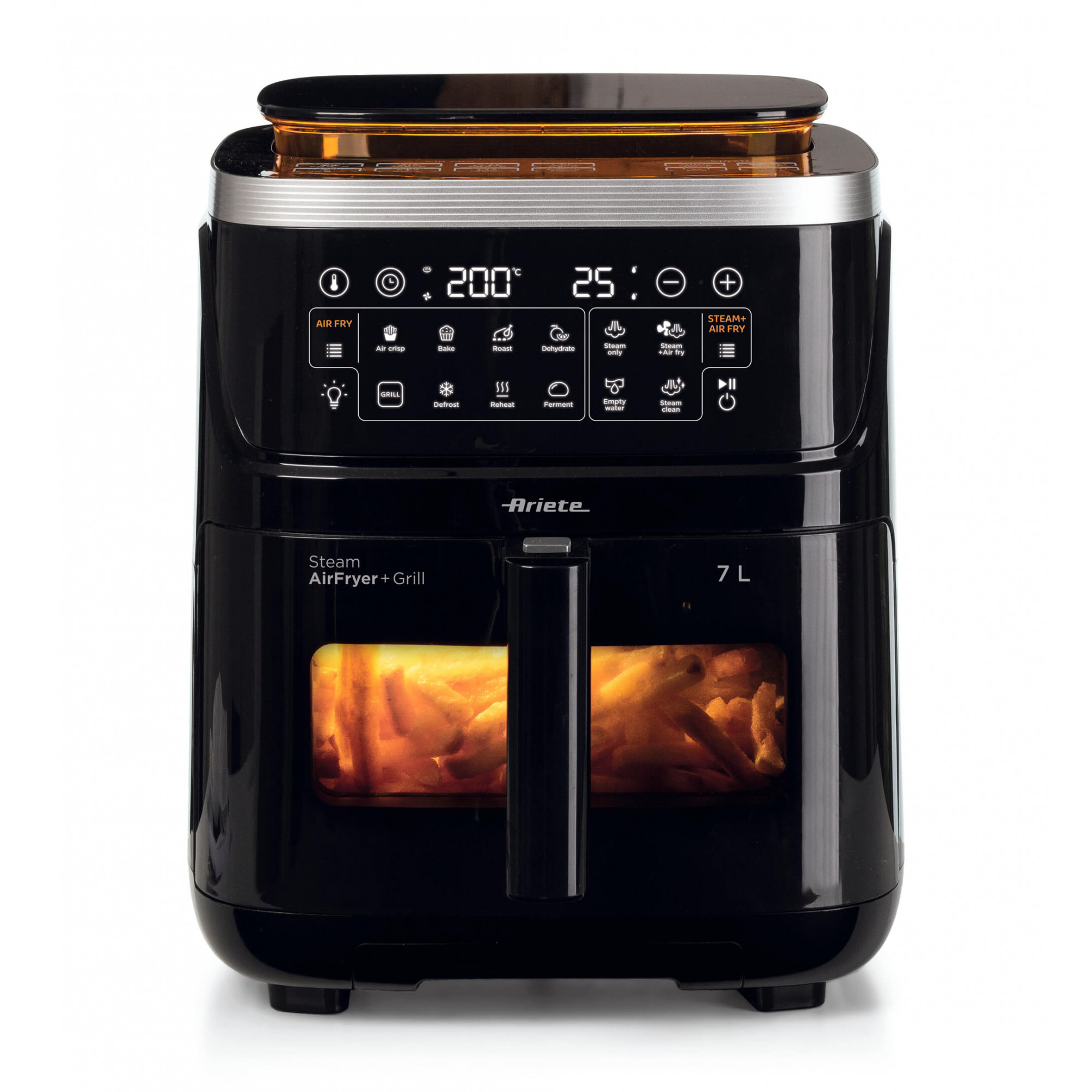 Ariete 4636 Friggitrice ad aria con funzione vapore+ Grill, 1700W, Funzione essiccazione, 10 funzioni di cottura, Cestello trasparente, Timer, Luce interna, Nero