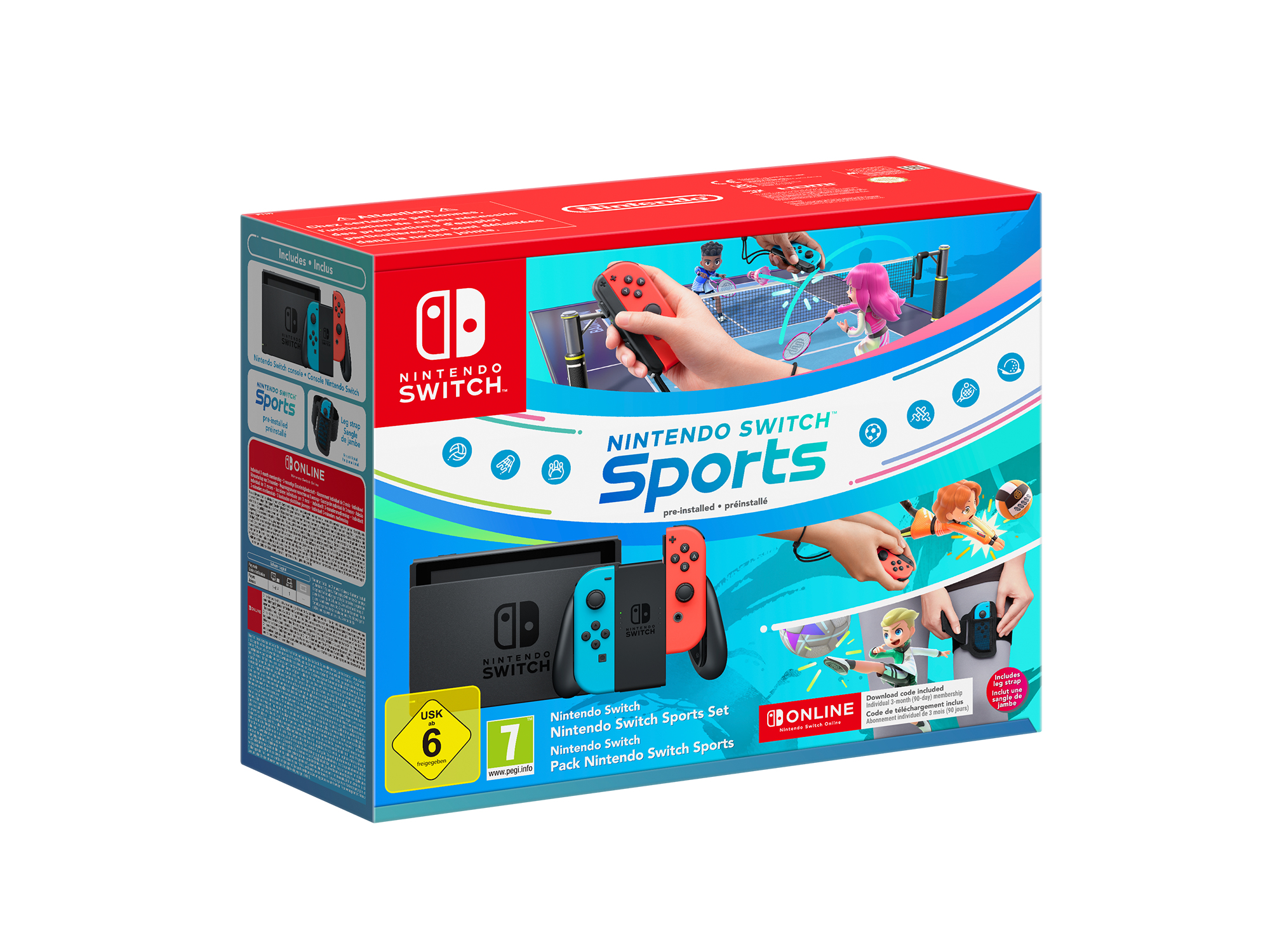 Nintendo Switch con Joy-Con Rosso Neon e Blu Neon + Switch Sports + fascia per la gamba + Tre mesi di Switch Online