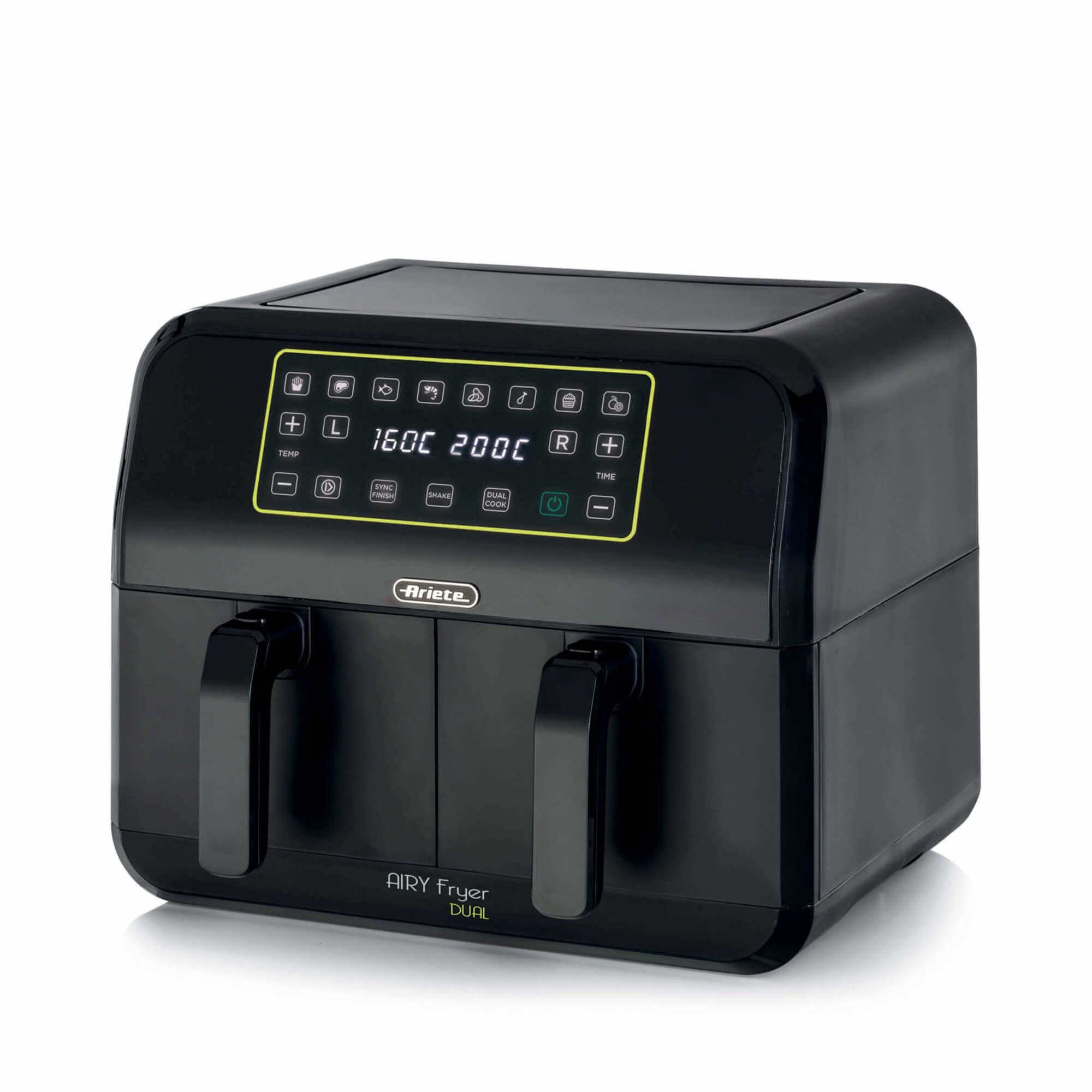 Ariete 4623 Airy Fryer Dual, Friggitrice ad aria con doppio cestello, 1700 W, Capacità 8L, 3 Funzioni di cottura, Pannello digitale LED Touch, 8 programmi preimpostati, Timer, 2 cestelli, Nero