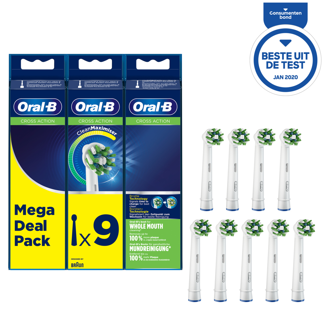 Oral-B CrossAction Testine Di Ricambio Con Tecnologia CleanMaximiser, Confezione Da 9 Pezzi