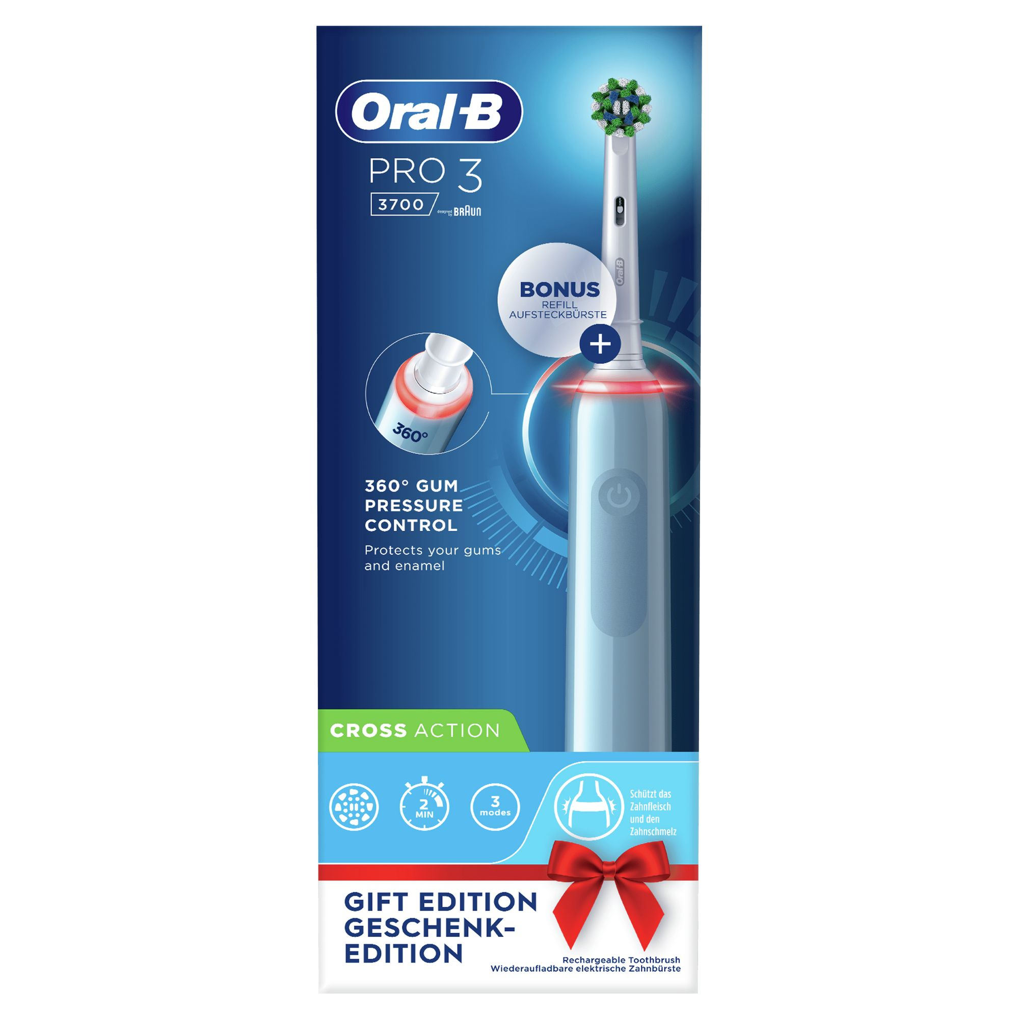 Oral-B Pro 3 Spazzolino Elettrico Ricaricabile - 3700 Blu. 1 Spazzolino + 2 Testine