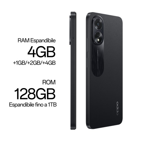 OPPO A18 4G Smartphone, AI Doppia fotocamera 8+2MP, Selfie 5MP, Display 6.56” 90HZ LCD HD+, 5000mAh, RAM 8 GB (4+4) + ROM 128GB, IP54, [Versione Italia],Glowing Black