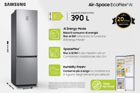 Samsung Frigorifero Combinato EcoFlex AI 2m 390L RB38C675CS9