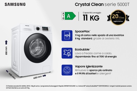 Samsung WW11BGA046ATET lavatrice a caricamento frontale Crystal Clean™ 11 kg Classe A 1400 giri/min, Porta nera + Panel D. Silver