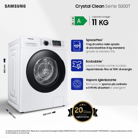 Samsung WW11BGA046ATET lavatrice a caricamento frontale Crystal Clean™ 11 kg Classe A 1400 giri/min, Porta nera + Panel D. Silver