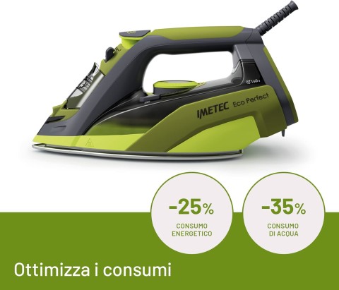 Imetec Eco Perfect Ferro da Stiro a Vapore, Risultati Ottimi con -35% di Acqua e -25% di Consumo Energetico, Piastra con Rivestimento Pro Ceramic, Tripla Protezione Anticalcare, 2400 W