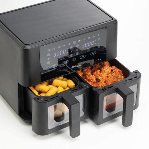 Ariete 4631 Friggitrice ad aria Doppia 9L, 2400W, Capacità totale 9L, 11 programmi, Multifunzione, Fino a 3,6 kg di fritto Temperatura fino a 200°C, Doppio cestello, Nero