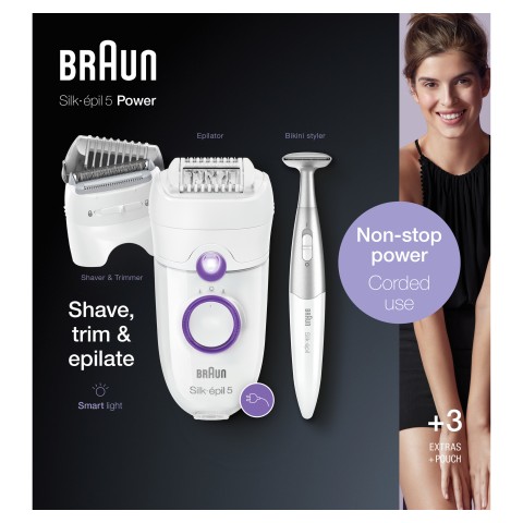 Braun Silk-épil 5 -825 Power Epilatore Donna Primi Utilizzi Delicato Con Filo Senza Interruzioni, Testina Radente, Cappuccio Regolatore