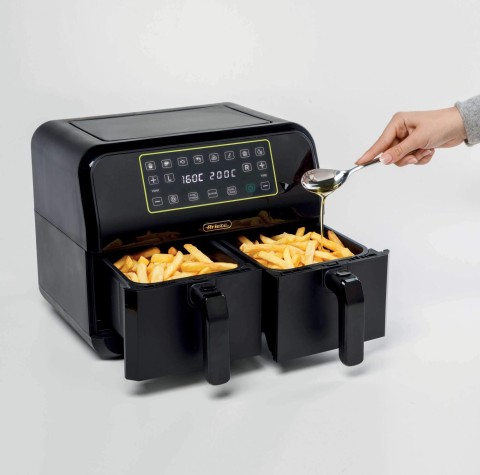 Ariete 4623 Airy Fryer Dual, Friggitrice ad aria con doppio cestello, 1700 W, Capacità 8L, 3 Funzioni di cottura, Pannello digitale LED Touch, 8 programmi preimpostati, Timer, 2 cestelli, Nero