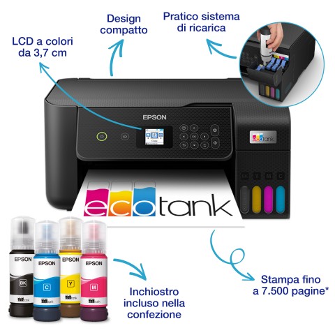 Epson EcoTank ET-2820 stampante multifunzione inkjet 3-in-1 A4, serbatoi ricaricabili alta capacità, 4 flaconi inclusi pari a 3600pag B/N 6500pag colore, Wi-FI Direct, USB