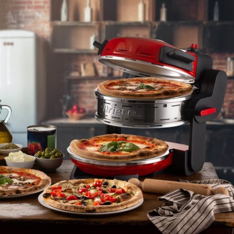 Ariete 927 Pizzeria , Forno pizza doppio, 2300 W, 2 pietre refrattarie, 2 pizze in 4 minuti, 2 termostati, Diametro 32 cm, 5 livelli di cottura, 2 pale in acciaio inox, Rosso