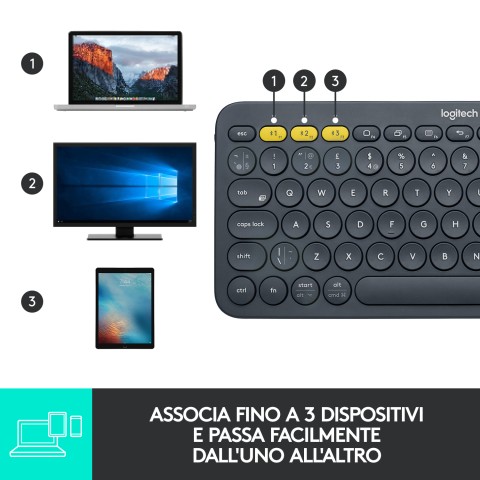 Logitech K380 Multi-Device Tastiera Bluetooth Wireless, Design Easy-Switch, Sottile, Portatile, 2 Anni di Batteria, Funziona con PC, Laptop, Windows, Mac, Android, iPad OS, Apple TV