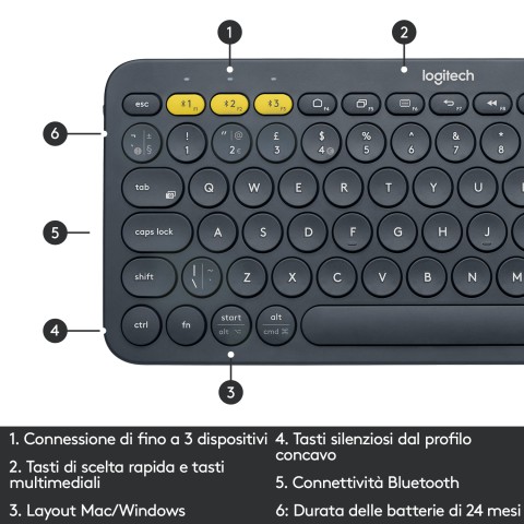 Logitech K380 Multi-Device Tastiera Bluetooth Wireless, Design Easy-Switch, Sottile, Portatile, 2 Anni di Batteria, Funziona con PC, Laptop, Windows, Mac, Android, iPad OS, Apple TV