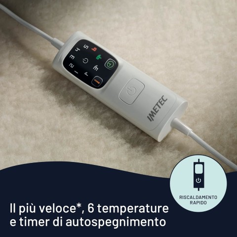 Imetec Scaldasonno Adapto singolo 150 x 80 cm, basso consumo, riscaldamento rapido, temperatura personalizzata, 100% lana e merino, made in italy, tessuto antiscivolo, comando con 6 temperature