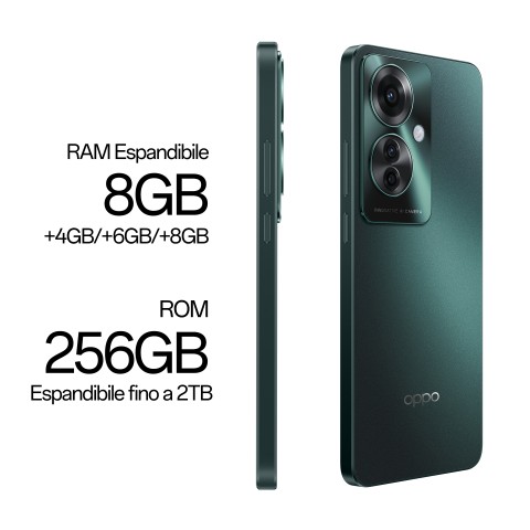 OPPO Reno Reno11 F 5G Smartphone, AI Tripla fotocamera 64+8+2MP, Selfie 32MP, Display 6.7” 120HZ AMOLED FHD+, 5000mAh, RAM 8(Esp4GB/6GB/8GB)+ROM 256GB (esp2TB), [Versione Italia], Palm Green