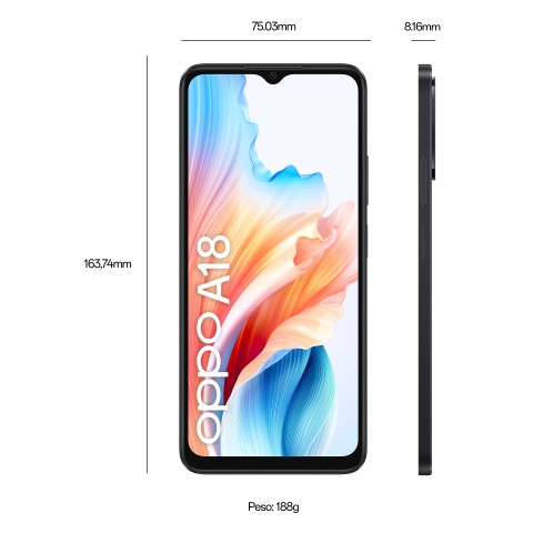 OPPO A18 4G Smartphone, AI Doppia fotocamera 8+2MP, Selfie 5MP, Display 6.56” 90HZ LCD HD+, 5000mAh, RAM 8 GB (4+4) + ROM 128GB, IP54, [Versione Italia],Glowing Black