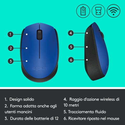 Logitech M171 Blue-K mouse Ufficio Ambidestro RF Wireless Ottico 1000 DPI