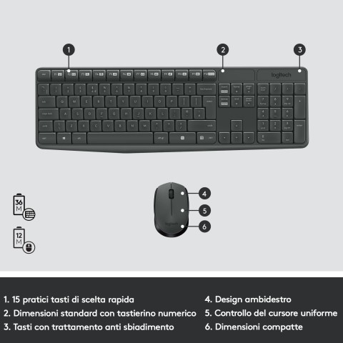 Logitech MK235 Combo Tastiera e Mouse Wireless per Windows, Ricevitore Unifying USB 2,4 GHz Wireless, 15 Tasti FN, Lunga Durata della Batteria, Compatibile con PC, Laptop