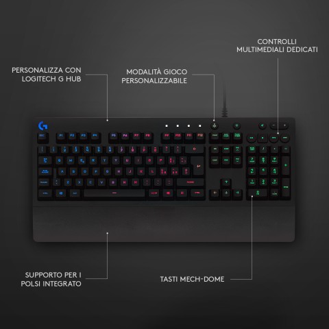 Logitech G Logitech G213 Prodigy Tastiera Gaming Cablata, LIGHTSYNC RGB, Tasti Retroilluminati, Resistente Agli Schizzi, Tasti Personalizzabili, Controlli Dedicati Multimediali, QWERTY Layout Italiano, Nero