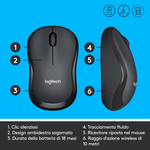 Logitech M220 SILENT Mouse Wireless, 2,4 GHz con Ricevitore USB, Tracciamento Ottico 1000 DPI, Durata Batteria di 18 Mesi, Ambidestro, Compatibile con PC, Mac, Laptop