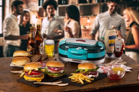 Ariete 205 Hamburger Maker Party Time, Macchina per fare hamburger, 1200 W, Doppie piastre antiaderenti, 2 scomparti, Facile da pulire, Celeste