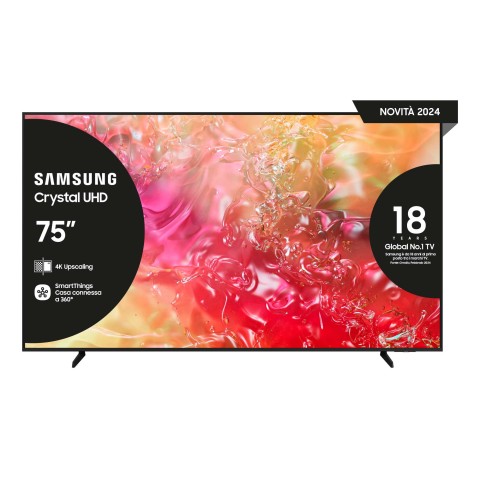 Samsung TV Crystal UHD 4K 75” UE75DU7170UXZT Smart TV Wi-Fi Black 2024, Processore Crystal 4K, 4K Upscaling, Slim Look Design, OTS Lite