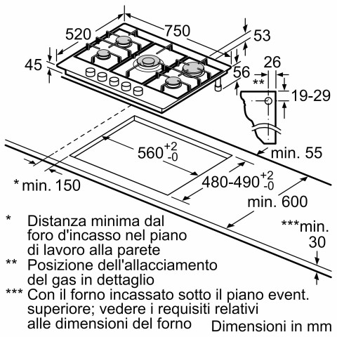 Bosch Serie 6 PCQ7A5B90 Piano cottura a gas 75 cm Acciaio inox