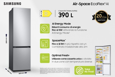 Samsung RB38C603DSA frigorifero Combinato EcoFlex AI Libera installazione con congelatore Wifi 2m 390 L Classe D, Inox