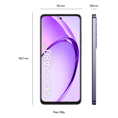 OPPO A80 5G Smartphone, AI Doppia Fotocamera 50+2MP, Selfie 8MP, Display 6.67” 120HZ LCD HD+, 5100mAh, RAM 16 GB (8+8) + ROM 256GB, IP54, [Versione Italia], Moonlight Purple