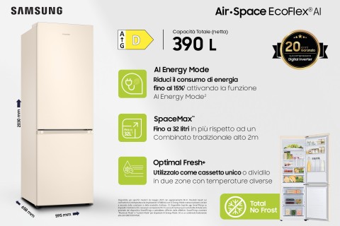 Samsung RB38C603DEL frigorifero Combinato EcoFlex AI Libera installazione con congelatore Wifi 2m 390 L Classe D, Sabbia