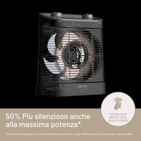 Imetec Silent Power Comfort, termoventilatore silenzioso e compatto, stufetta elettrica, 2100 w, 4 funzioni, termostato ambiente e di sicurezza, funzione antigelo, maniglia