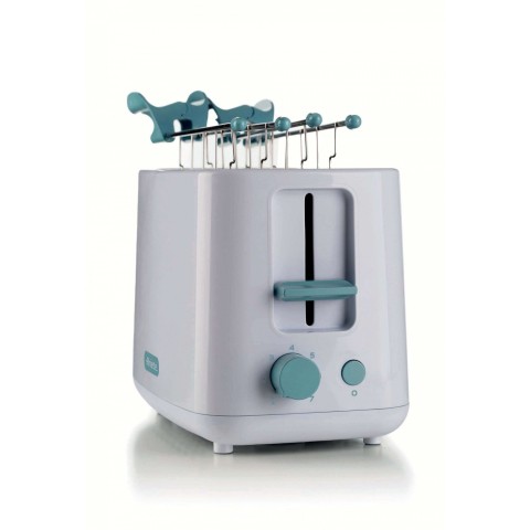 Ariete 157 Tostapane Breakfast, 760W, Capacità 2 fette di pane, Pinze in acciaio inox, 7 livelli di doratura, Pulsante stop, Tocco freddo, White & Aegean Teal