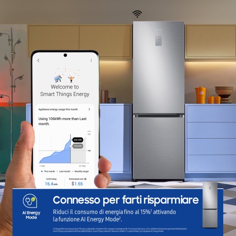 Samsung RB34C775CS9 frigorifero Combinato EcoFlex AI 1.85m 344L Libera installazione con congelatore Wifi 1,85m 344 L con rivestimento in acciaio inox Classe C, Inox