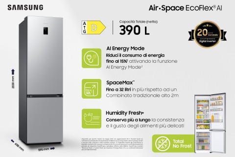 Samsung Frigorifero Combinato EcoFlex AI 2m 390L RB38C774DSA