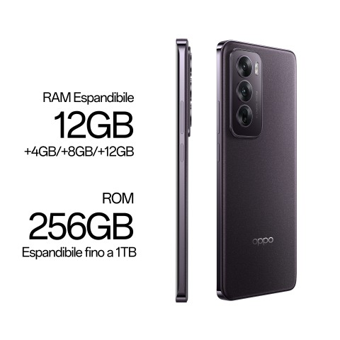 OPPO Reno12 5G AI Smartphone, Tripla fotocamera 50+8+2MP, Selfie 32MP, Display 6.7” 120HZ AMOLED FHD+, 5000mAh, RAM 24 GB (12+12) + ROM 256GB, [Versione Italia], Black Brown