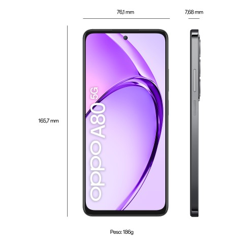 OPPO A80 5G Smartphone, AI Doppia Fotocamera 50+2MP, Selfie 8MP, Display 6.67” 120HZ LCD HD+, 5100mAh, RAM 16 GB (8+8) + ROM 256GB, IP54, [Versione Italia], Starry Black