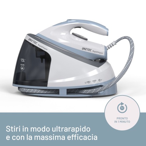 Imetec Rapidvapor Ferro da Stiro Generatore di Vapore, Piastra Fluid Ceramic a Rapido Riscaldamento, Leggero, Sistema di Pulizia Calc Clean, Colpo Vapore 240 g, 2400 W, 5 Bar Pump