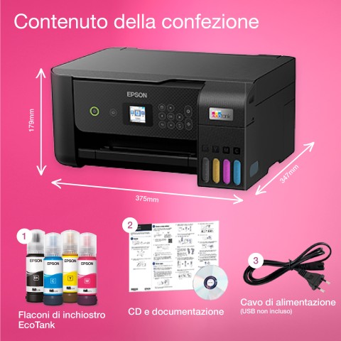 Epson EcoTank ET-2820 stampante multifunzione inkjet 3-in-1 A4, serbatoi ricaricabili alta capacità, 4 flaconi inclusi pari a 3600pag B/N 6500pag colore, Wi-FI Direct, USB