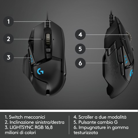 Logitech G Logitech G502 Mouse Gaming HERO Prestazioni Elevate, Sensore HERO 25K, 25600 DPI, RGB, Pesi Regolabili, 11 Pulsanti Programmabili, Memoria Integrata, per PC/Mac/Laptop. Nero