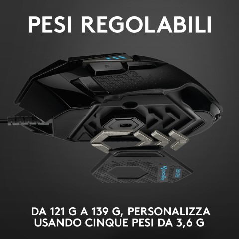 Logitech G Logitech G502 Mouse Gaming HERO Prestazioni Elevate, Sensore HERO 25K, 25600 DPI, RGB, Pesi Regolabili, 11 Pulsanti Programmabili, Memoria Integrata, per PC/Mac/Laptop. Nero