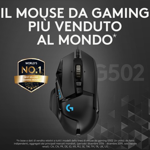 Logitech G Logitech G502 Mouse Gaming HERO Prestazioni Elevate, Sensore HERO 25K, 25600 DPI, RGB, Pesi Regolabili, 11 Pulsanti Programmabili, Memoria Integrata, per PC/Mac/Laptop. Nero