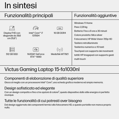 HP Victus Gaming 15-fa1030nl Intel® Core™ i7 i7-13700H Computer portatile 39,6 cm (15.6") Full HD 16 GB DDR4-SDRAM 512 GB SSD NVIDIA GeForce RTX 4060 Wi-Fi 6 (802.11ax) Windows 11 Home Nero