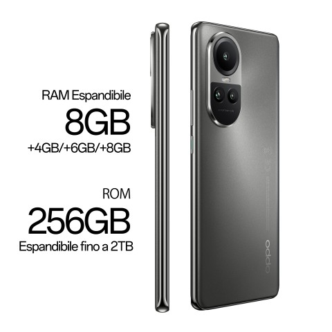 OPPO Reno RENO10 Smartphone 5G, AI Tripla fotocamera 64+32+8MP, Selfie 32MP, Display 6.7" 120HZ AMOLED, 5000 mAh, RAM 8GB (Esp. fino 16GB) + ROM 256GB, [Versione Italia], Colore Silvery Grey