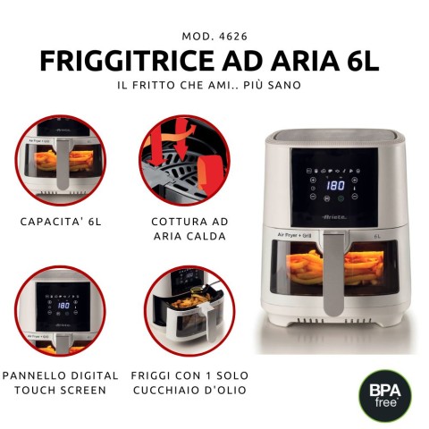 Ariete 4626 Friggitrice ad aria 6L, 1300 W, Capacità 6L, Capacità di cottura 2,5kg, 8 programmi preimpostati, Temperatura fino a 200°, Cestello trasparente per controllo cottura, Bianco