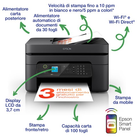 Epson WorkForce WF-2930DWF stampante multifunzione A4 getto d'inchiostro (stampa, scansione, copia), display LCD 3.7cm, ADF, WiFi Direct, 3 mesi di inchiostro incluso con ReadyPrint