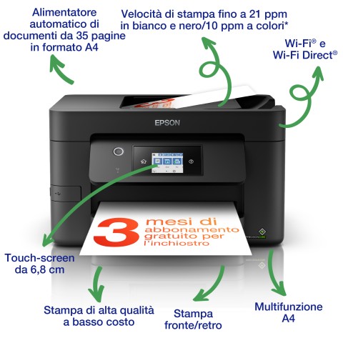 Epson WorkForce Pro WF-3825DWF, stampante multifunzione A4 getto d'inchiostro (stampa, scansione, copia), Display LCD 6.8cm, WiFi Direct, 3 mesi inchiostro incluso con ReadyPrint