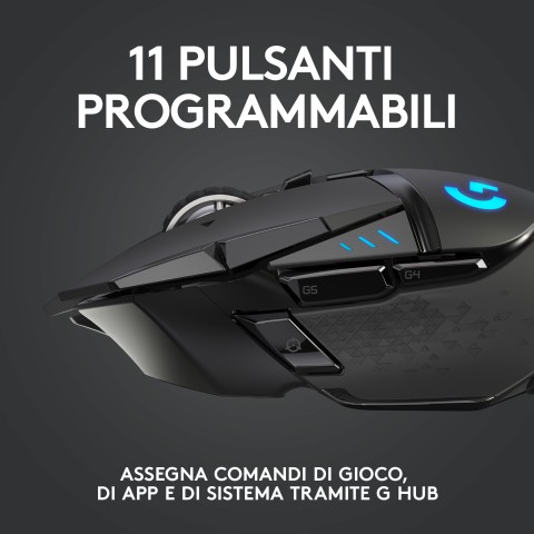 Logitech G Logitech G502 Mouse Gaming Wireless LIGHTSPEED, Sensore HERO 25K, 25600 DPI, RGB, Design Leggero, 11 Pulsanti Programmabili, Batteria Lunga Durata, Memoria Integrata, Compatibile PC/Mac/Laptop