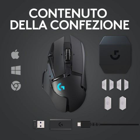 Logitech G Logitech G502 Mouse Gaming Wireless LIGHTSPEED, Sensore HERO 25K, 25600 DPI, RGB, Design Leggero, 11 Pulsanti Programmabili, Batteria Lunga Durata, Memoria Integrata, Compatibile PC/Mac/Laptop